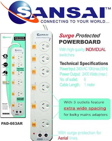SANSAI 6 Way Surge Powerboard with TV line
